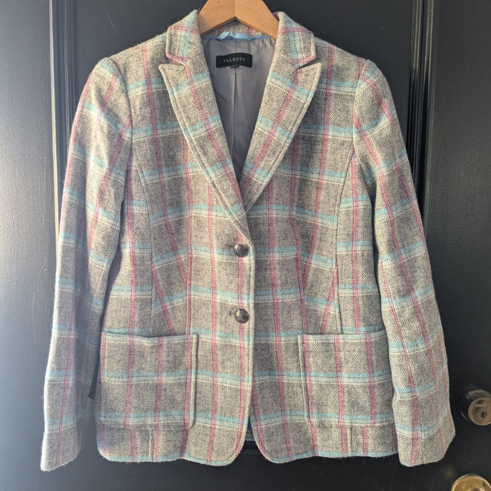 Talbots Plaid Blazer Jacket Pink Blue Gray Wool Blend Women Sz 6 Office Preppy‎